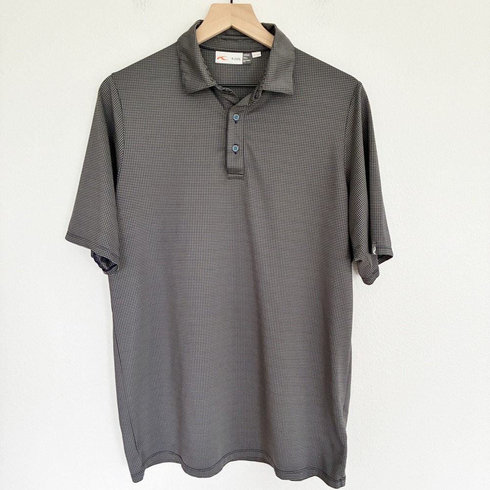 KJUS Sutton Polo Shirt Mens 52 L Blue Tan Micro Check Comfort Fit UPF 30+